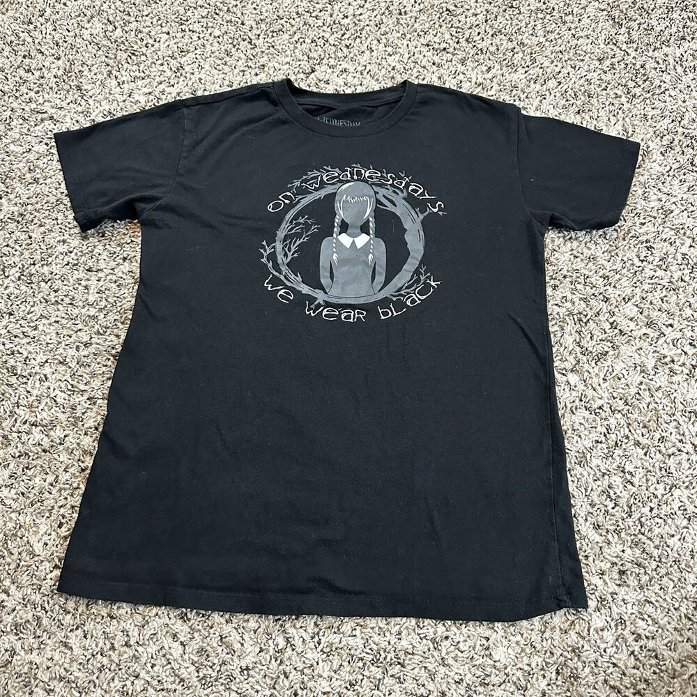 Wednesday "On Wednesdays We Wear Black" Black Graphic T-Shirt Girls Sz L/G 10/12
